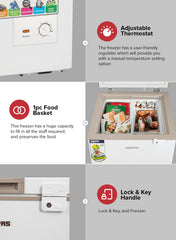 Geepas 120L Gross/100L Net Capacity Free Standing Chest Freezer With Compressor Switch Off Function, LED Light, Lock & Key, High Efficiency Monolithic Foaming, 1 Food Basket, Adjustable Thermostat 120 L 100 W GCF1206WAH White