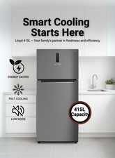 Lloyd 415 L Top Mount Refrigerator, Model GOFF444HWST1HC – Energy-Efficient Inverter Compressor, No-Frost Cooling Technology, Premium Inox Finish, Multi-Air Flow System, Adjustable Glass Shelves, LED Interior Lighting