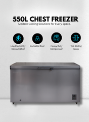 Chest Freezer VCF550 – 550 Litres Gross Capacity, Heavy DChest Freezer VCF550 – 550 Litres Gross CaVenus Chest Freezer VCF550 – 550 Liters Gross Capacity, Heavy Duty Compressor, Glossy Silver Finish, R600a Eco-Friendly Refrigerant, Top Sliding Glass Door