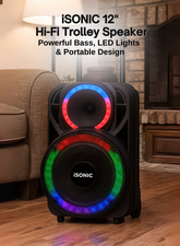 I sonic IS461 12″ Hi-Fi Trolley Bluetooth Speaker with Powerful Bass, LED Party Lights, Wireless Mic & Remote, Portable Rechargeable Design – Perfect for Indoor & Outdoor Entertainment-One Year Warranty.
