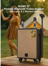 I sonic IS482 Portable Bluetooth Trolley Speaker with 25,000 PMPO Output, LED Party Lights, Dual Wireless Microphones & Remote Control – Rechargeable High-Power Party Speaker for Indoor & Outdoor Entertainment-One Year Warranty.
