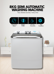 Venus 8KG Semi Automatic Washing Machine VWP820 – Semi-Transparent Lid, High-Efficient Motor, Spin Dry System, Easy-Turn Big Knobs, High-Grade Plastic Body-One Year Warranty.