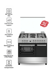 Venus 90x60 cm Stainless Steel Cooking Range | 4 Gas Burners + 2 Electric Hot Plates | Electric Oven & Grill | Auto-Ignition | Durable Cast Iron Pan Supports | Mechanical Timer| Model VC9642BCD