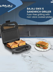 Bajaj SWX 6 2-Slice Sandwich Griller – Non-Stick Coated Plates, Buckle Clip Lock, Compact Upright Storage, Easy to Clean, Cool-Touch Body 800 W 270112 black