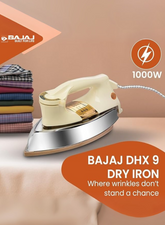 Bajaj Majesty DHX 9 Heavy Weight Dry Iron | Powerful Heating, Heavy Duty Metal Body, Non-Stick Soleplate, Adjustable Temperature Control & Overheat Safety – 1000 W 440154 white