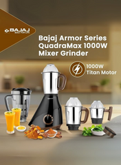 Bajaj Armor Series Quadramax Mixer Grinder, 4 Heavy-Duty Stainless Steel Jars, Hardened Blades, Overload Protection – 1000 W 410635 BLACK