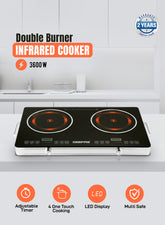 Geepas double Burner Infrared Cooker, 99mins Timer | LED Digital Display | 9 Temperature Settings | Child Lock | Ceramic Heating Element, Touch & Knob Control GIC6131 Multicolour