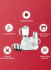 Bajaj 13 in 1 FX11 Food Factory Food Processor, Motor, Multiple Jars & Attachments, Stainless Steel Blades, Safety Lock & Overload Protection – 600 W 410524 blue