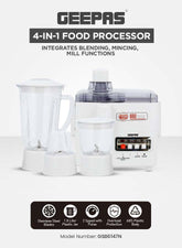 Geepas multi-Functional 4-In-1 Food Processor (Juicer/Blender/ Grinder & Chopper) With Plastic Jar With SS Blades,2 Speed Control With Pulse 1.8 L 650 W GSB6147N White