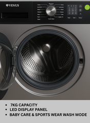 Venus 7KG Front Load Fully Automatic Washing Machine – Smart LED Display Panel, Hygienic Baby Care Wash Mode, 15-Minute Rapid Wash Program, 150° Wide Open Door, Energy & Water Efficient, Modern Silver Finish-One year Warranty.
