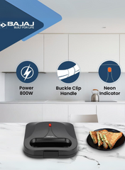 Bajaj SWX 6 2-Slice Sandwich Griller – Non-Stick Coated Plates, Buckle Clip Lock, Compact Upright Storage, Easy to Clean, Cool-Touch Body 800 W 270112 black