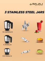 Bajaj Military Series Finesse Mixer Grinder, 4 Stainless Steel Jars, Heavy-Duty Blades, Overload Protection – Midnight Finish, 750 W 410592 black