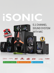 I sonic IS460 5.1 Channel Home Theater Speaker System with 25,000 PMPO Output, Bluetooth Connectivity, USB/SD/FM Support, LED Display & Remote Control – Surround Sound for Home Entertainment-One Year Warranty.