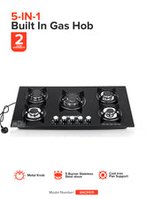 Geepas 5-Burner Gas Hob - Attractive Design, 8mm Tempered Glass Worktop - Automatic Ignition, 5 Heating Zones |Ergonomic Design, Stainless Steel Body