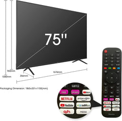 Hisense 75 Inch TV UHD Smart HDR 10/HLG Wifi (2.4GHZ) Bluetooth 5.0 DLNA HDCP Version H.265 decoder - 75A6GE (2021 Model)- Black