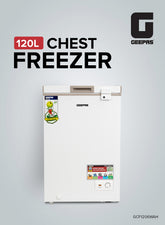 Geepas 120L Gross/100L Net Capacity Free Standing Chest Freezer With Compressor Switch Off Function, LED Light, Lock & Key, High Efficiency Monolithic Foaming, 1 Food Basket, Adjustable Thermostat 120 L 100 W GCF1206WAH White