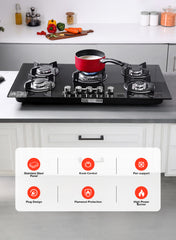 Geepas 5-Burner Gas Hob - Attractive Design, 8mm Tempered Glass Worktop - Automatic Ignition, 5 Heating Zones |Ergonomic Design, Stainless Steel Body