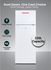 Admiral 220 L Gross / 169 L Net, Double Door Refrigerator, Defrost, R600a Refrigerant, Temperature Control, Inside Light, Inside Condenser, Vegetable Crisper, Bottle Racks, Removable Gasket, Adjustable Foot ADTM22RSP