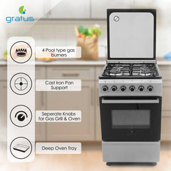 Gratus 50x50 cm Free-Standing Gas Cooker with 4 Euro Burners & Gas Oven – Enamel Pan Supports, Stainless Steel Finish – Model CR55KTSS1-one year warranty.