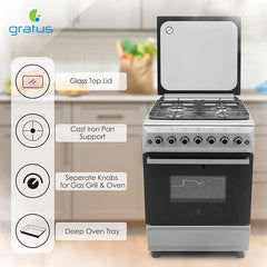 Gratus 60×60 cm Free‑Standing Gas Cooker | 4 Euro‑Style Burners • Turbo‑Fan Oven with Self‑Clean & Digital Timer • Made in Turkey • Model FCR604KTSS1