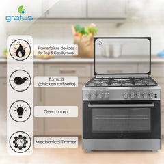 Gratus 90×60 cm Free-Standing Gas Cooker | 5 Euro-Style Burners • Dual Turbo Fan Oven • Self-Cleaning • Cast Iron Grates • Made in Turkey • Model FCR905KTSS1