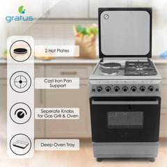 Gratus 60×60 cm Free‑Standing Gas Cooker | 2 Euro Burners + 2 Electric Hot Plates • Turbo Fan Oven • Model FCRH622KTSS1