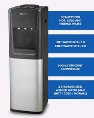 Gratus 3‑Tap Hot, Cold & Room‑Temp Water Dispenser — Floor‑Standing Top‑Load with Storage Cabinet, 1‑Year Full & 2‑Year Compressor Warranty | Model GWD701WFCW