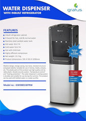 Gratus Hot & Cold 3‑Tap Floor‑Standing Top‑Load Water Dispenser with Built‑In Refrigerator | 1 Year Full Warranty & 2 Years Compressor Warranty | Model GWD801WFRW