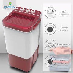 Gratus 7 KG Single‑Tub Top‑Load Washing Machine — Dark Maroon | Model GWST70‑DM