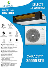 Gratus 2.5 Ton (32,000 BTU) Ducted Air Conditioner – T3 & T4 Rotary Compressor, High Ambient Cooling, R410A Refrigerant, Concealed Ceiling Type – Model SD32TRAC4