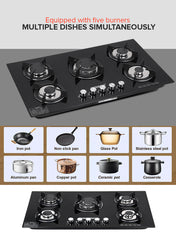 Geepas 5-Burner Gas Hob - Attractive Design, 8mm Tempered Glass Worktop - Automatic Ignition, 5 Heating Zones |Ergonomic Design, Stainless Steel Body