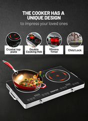 Geepas double Burner Infrared Cooker, 99mins Timer | LED Digital Display | 9 Temperature Settings | Child Lock | Ceramic Heating Element, Touch & Knob Control GIC6131 Multicolour