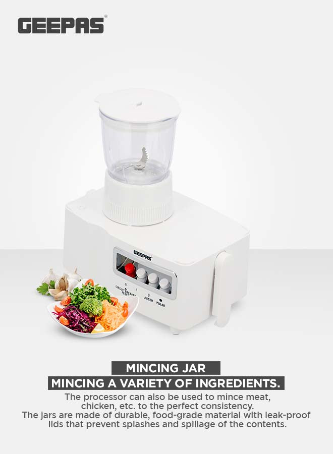 Geepas multi-Functional 4-In-1 Food Processor (Juicer/Blender/ Grinder & Chopper) With Plastic Jar With SS Blades,2 Speed Control With Pulse 1.8 L 650 W GSB6147N White