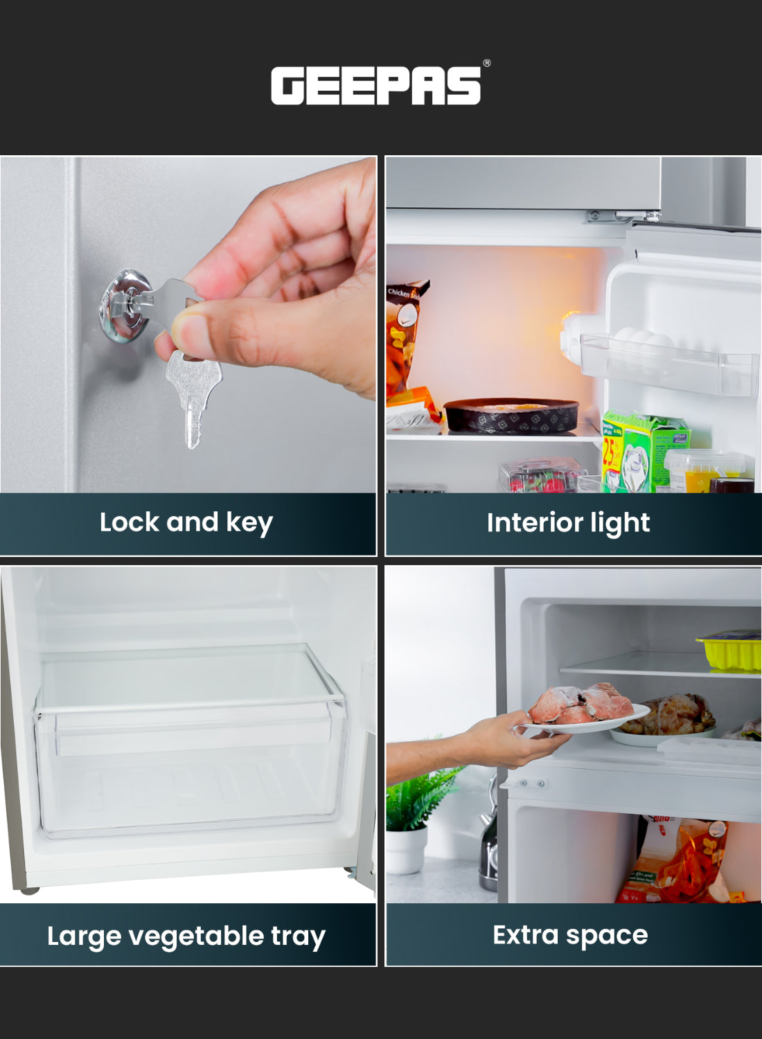 GEEPAS 240L Gross/205L Net Capacity Double Door Defrost Refrigerator 37L Freezer Capacity 265 L GRF2400SXE Silver