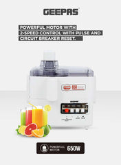 Geepas multi-Functional 4-In-1 Food Processor (Juicer/Blender/ Grinder & Chopper) With Plastic Jar With SS Blades,2 Speed Control With Pulse 1.8 L 650 W GSB6147N White