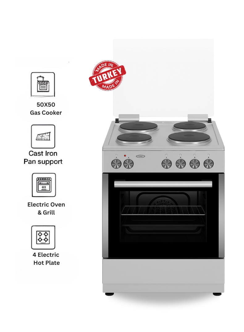Venus 55x50 cm Stainless Steel Cooking Range | 4 Electric Hotplates | Electric Oven & Grill | Compact Space-Saving Design | Made in Turkey | Durable & Easy to Clean – Model VC5544ESD