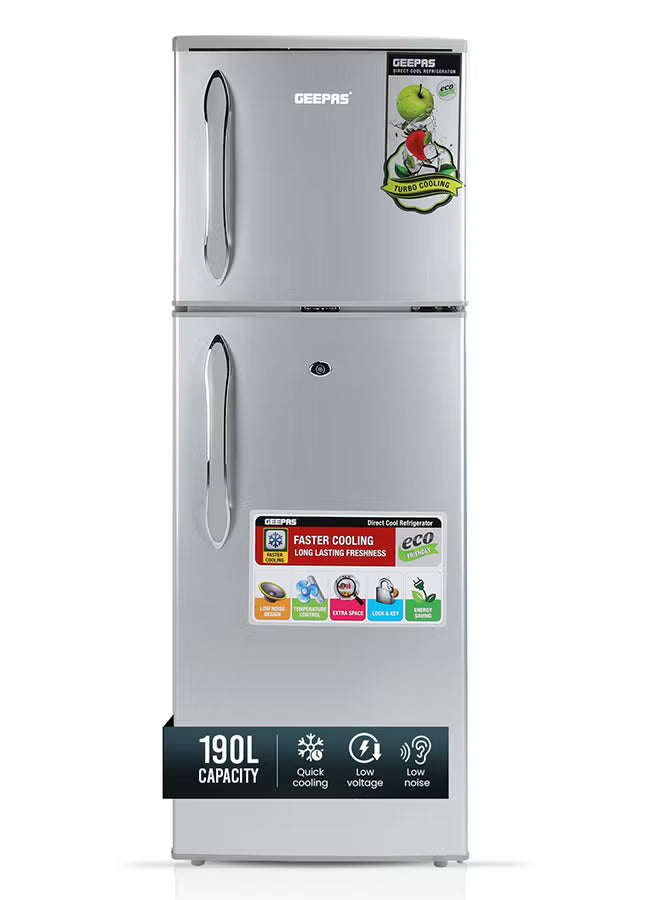 Geepas 190 L Gross/ 132L Net Capacity, Double Door Refrigerator | Durable Double Door Refrigerator, Fast Cooling & Preserves Freshness | Low Noise, Energy Efficient, In-Built Deodorizer, Tempered Glass Shelves | Freezer Capacity-34 L |