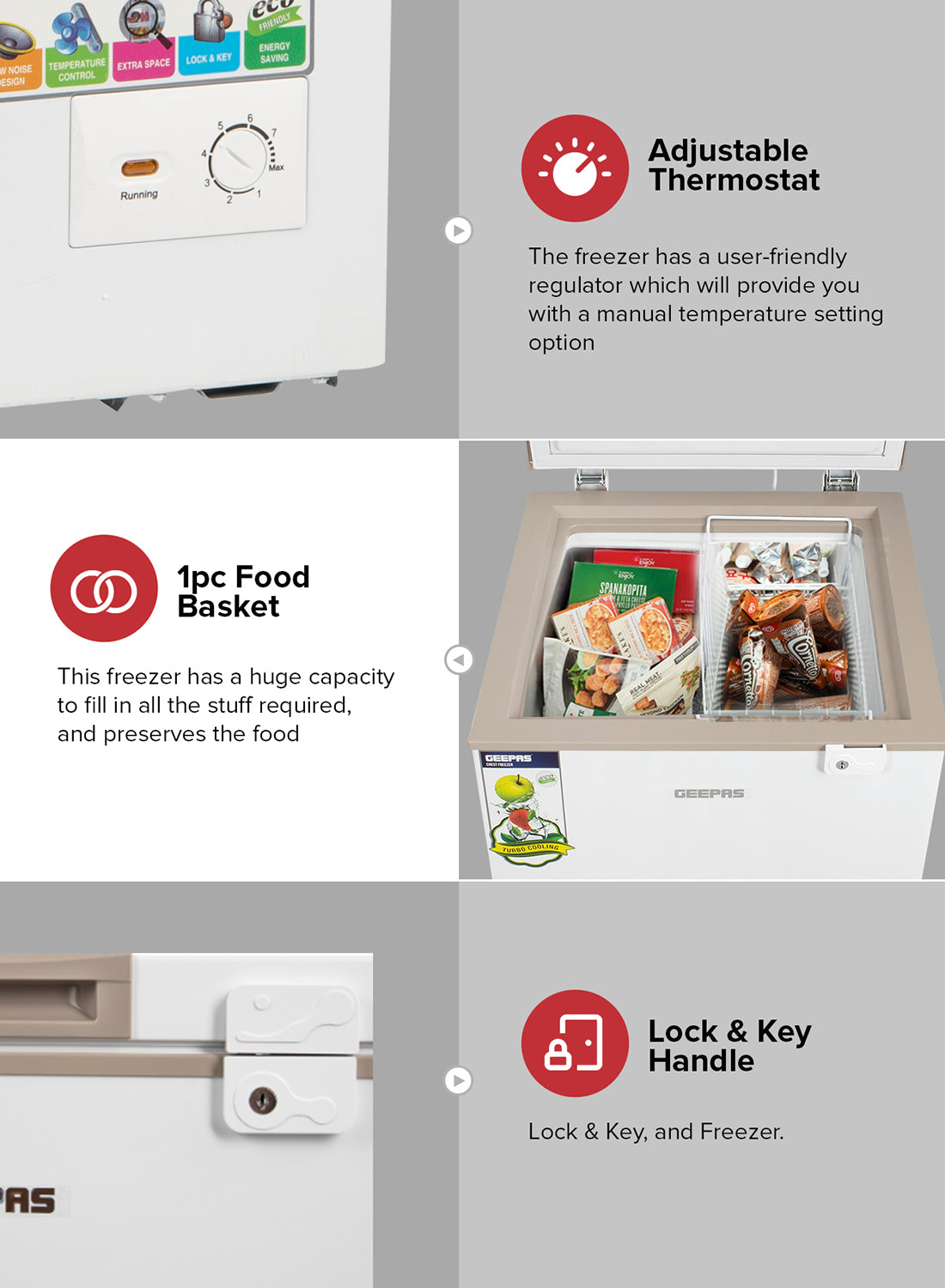 Geepas 120L Gross/100L Net Capacity Free Standing Chest Freezer With Compressor Switch Off Function, LED Light, Lock & Key, High Efficiency Monolithic Foaming, 1 Food Basket, Adjustable Thermostat 120 L 100 W GCF1206WAH White