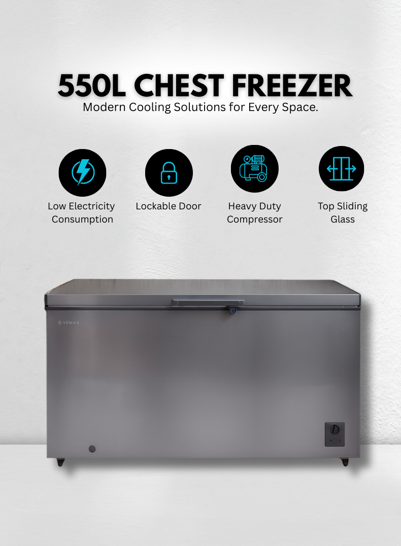 Chest Freezer VCF550 – 550 Litres Gross Capacity, Heavy DChest Freezer VCF550 – 550 Litres Gross CaVenus Chest Freezer VCF550 – 550 Liters Gross Capacity, Heavy Duty Compressor, Glossy Silver Finish, R600a Eco-Friendly Refrigerant, Top Sliding Glass Door