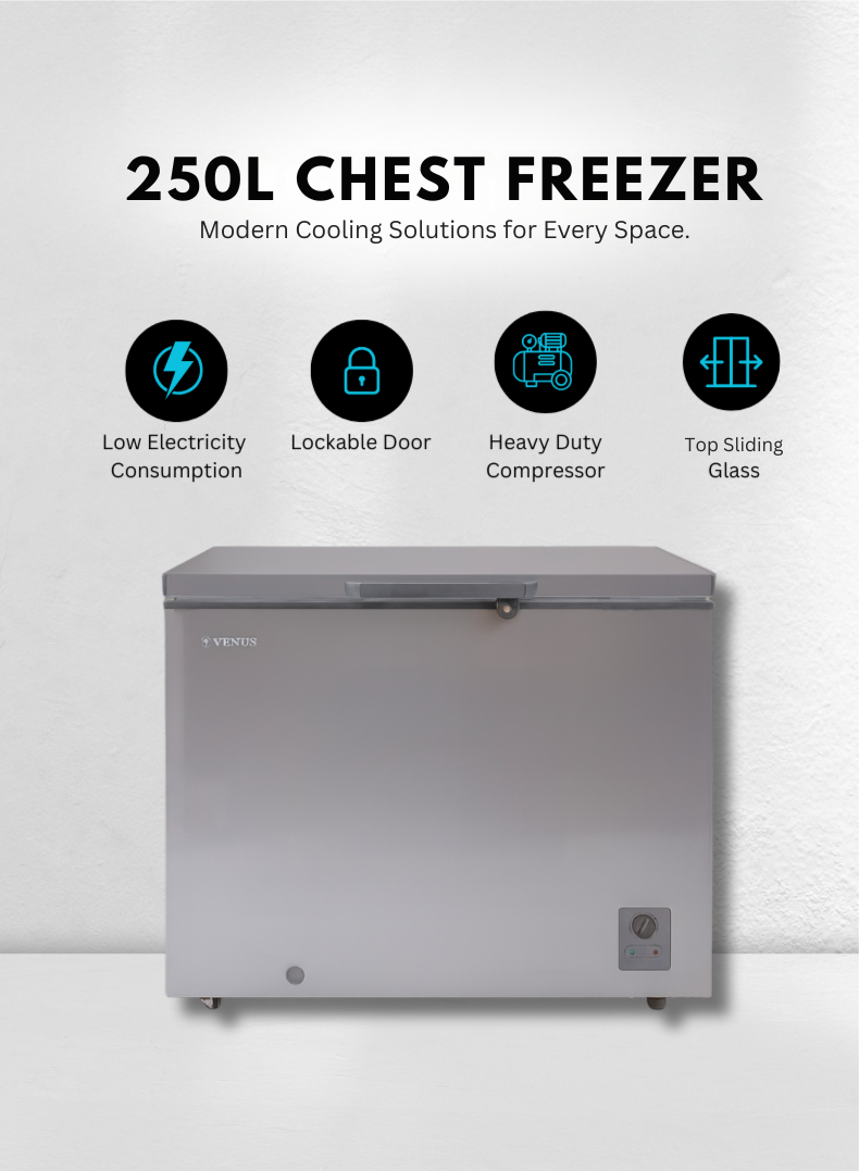 Venus Chest Freezer VCF250 – 250 Litres Gross Capacity, Heavy Duty Compressor, Glossy Silver Finish, R600a Eco-Friendly Refrigerant, Top Sliding Glass Door
