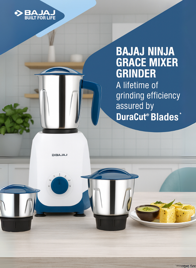 Bajaj Ninja Series Notch Mixer Grinder, Stylish French Blue Finish, 3 Multi-Purpose Jars with Stainless Steel Blades, 3-Speed Control with Incher, Overload Protection – 500 W 410600 blue