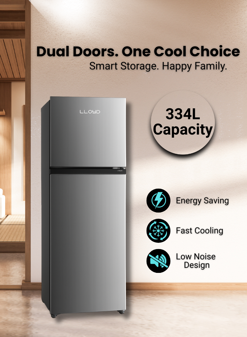 Lloyd 334 L Top Mount Refrigerator, Model GOFF364HWST1HC – Energy-Efficient Inverter Compressor, No-Frost Cooling Technology, Sleek Inox Finish, Multi-Air Flow System, Adjustable Glass Shelves, LED Lighting – Ideal for Homes & Offices