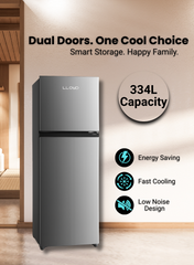Lloyd 334 L Top Mount Refrigerator, Model GOFF364HWST1HC – Energy-Efficient Inverter Compressor, No-Frost Cooling Technology, Sleek Inox Finish, Multi-Air Flow System, Adjustable Glass Shelves, LED Lighting – Ideal for Homes & Offices