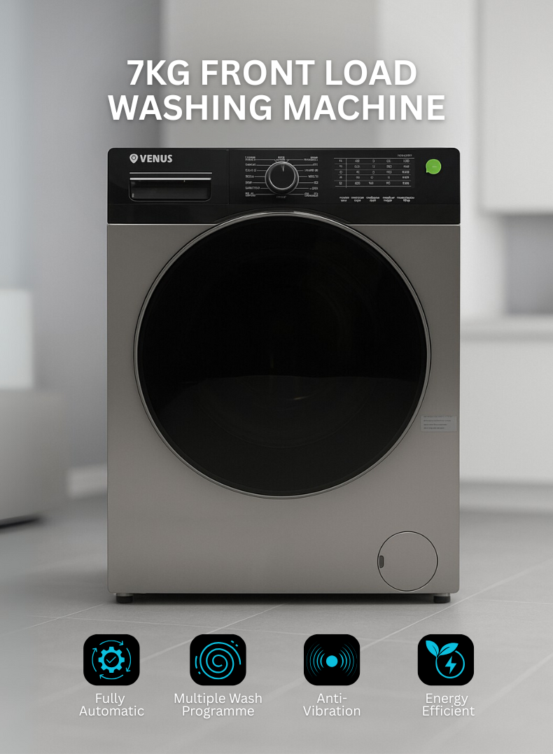 Venus 7KG Front Load Fully Automatic Washing Machine – Smart LED Display Panel, Hygienic Baby Care Wash Mode, 15-Minute Rapid Wash Program, 150° Wide Open Door, Energy & Water Efficient, Modern Silver Finish-One year Warranty.