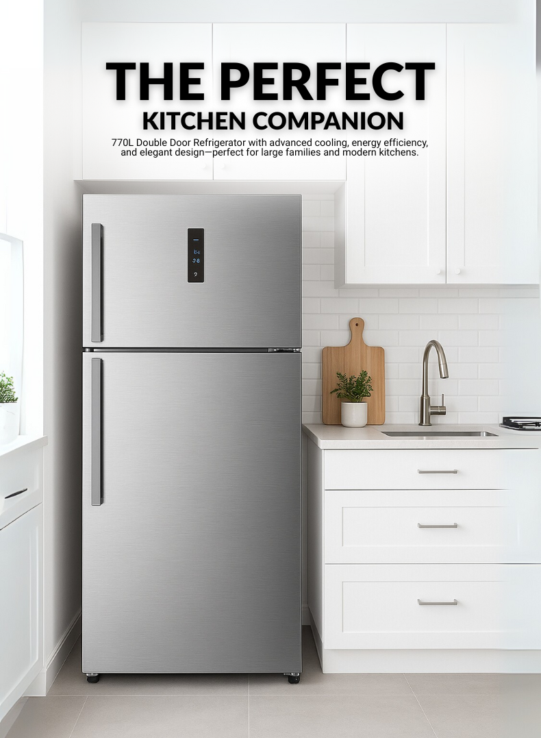 Kelon 729 Liters Top Mount Refrigerator – Double Door, Ultra-Large Freezer And Fridge, Adjustable Glass Shelves, Energy Efficient Cooling, Low Noise Operation, Premium White Finish – KRD-77WRS Silver-One Year And Five Years Compressor warranty.