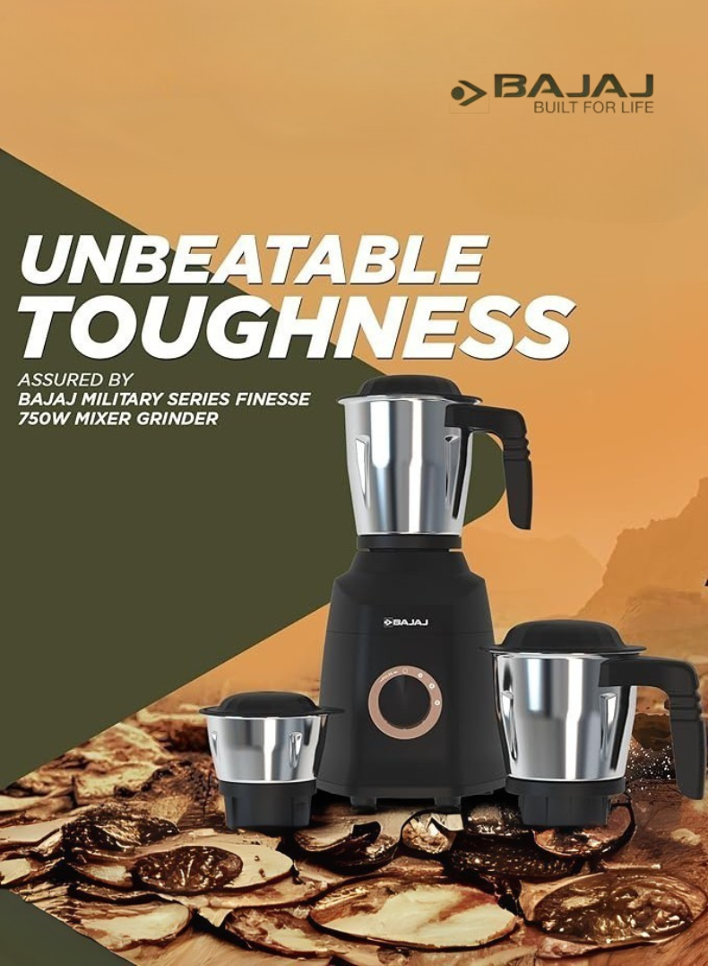 Bajaj Military Series Finesse Mixer Grinder, 4 Stainless Steel Jars, Heavy-Duty Blades, Overload Protection – Midnight Finish, 750 W 410592 black