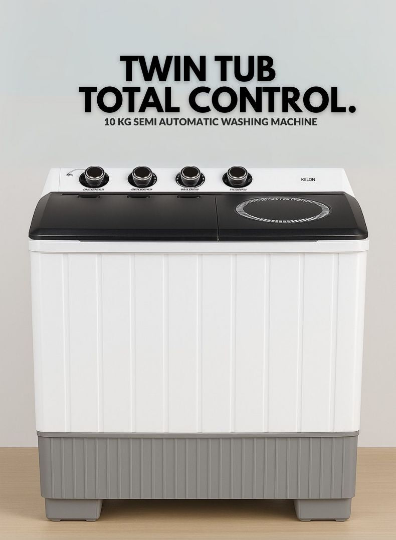 Kelon 10 kg Semi-Automatic Washing Machine – Twin Tub Design, Powerful Wash And Spin, Water And Energy Efficient, Rust-Resistant Body, Low Noise Operation, White Finish – Model KWSBE101 KWSBE101 White-One Year Warranty.
