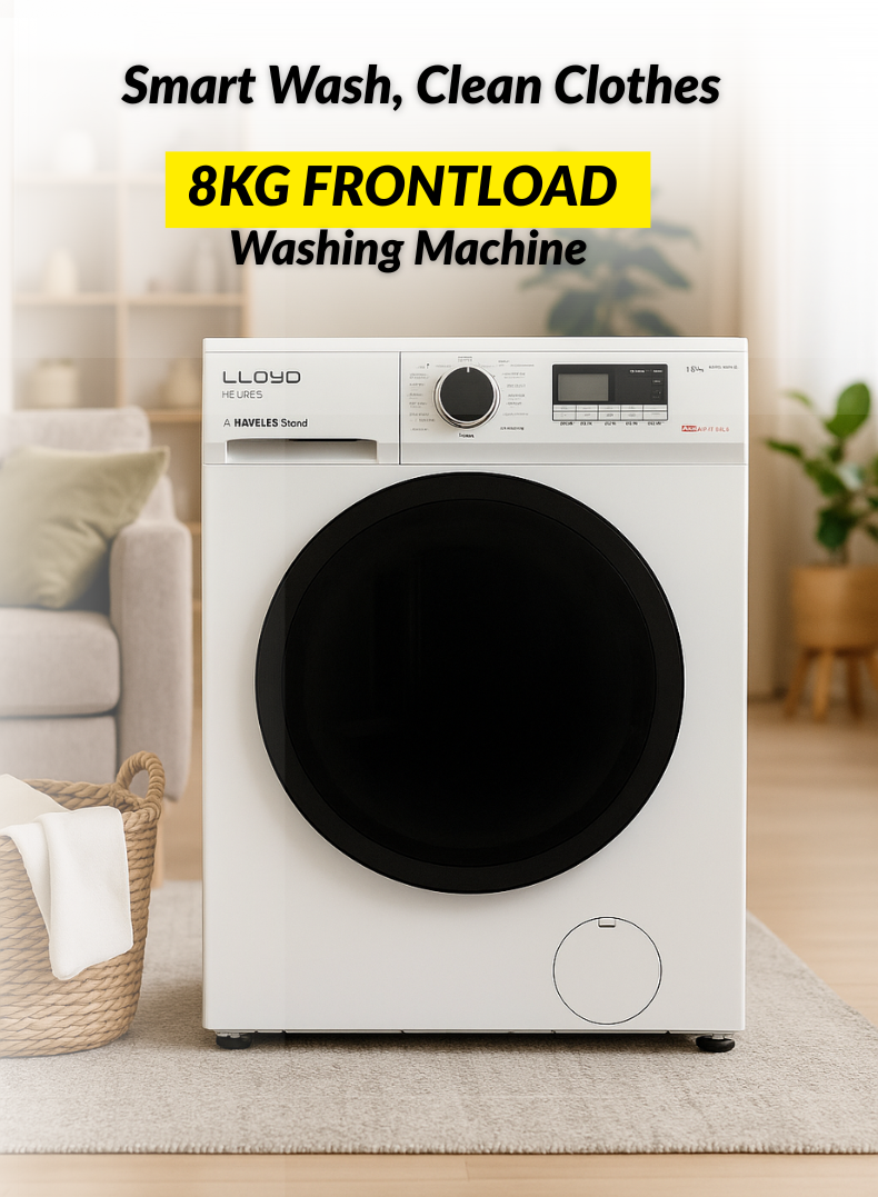 Lloyd 8 Kg Front Load Washing Machine, Model GLWF804POGWT04 – Energy-Efficient Inverter Motor, 1400 RPM Spin Speed, Multiple Wash Programs, Quick Wash, LED Display, Child Lock, White Finish – Ideal for Large Families and Heavy Laundry Loads