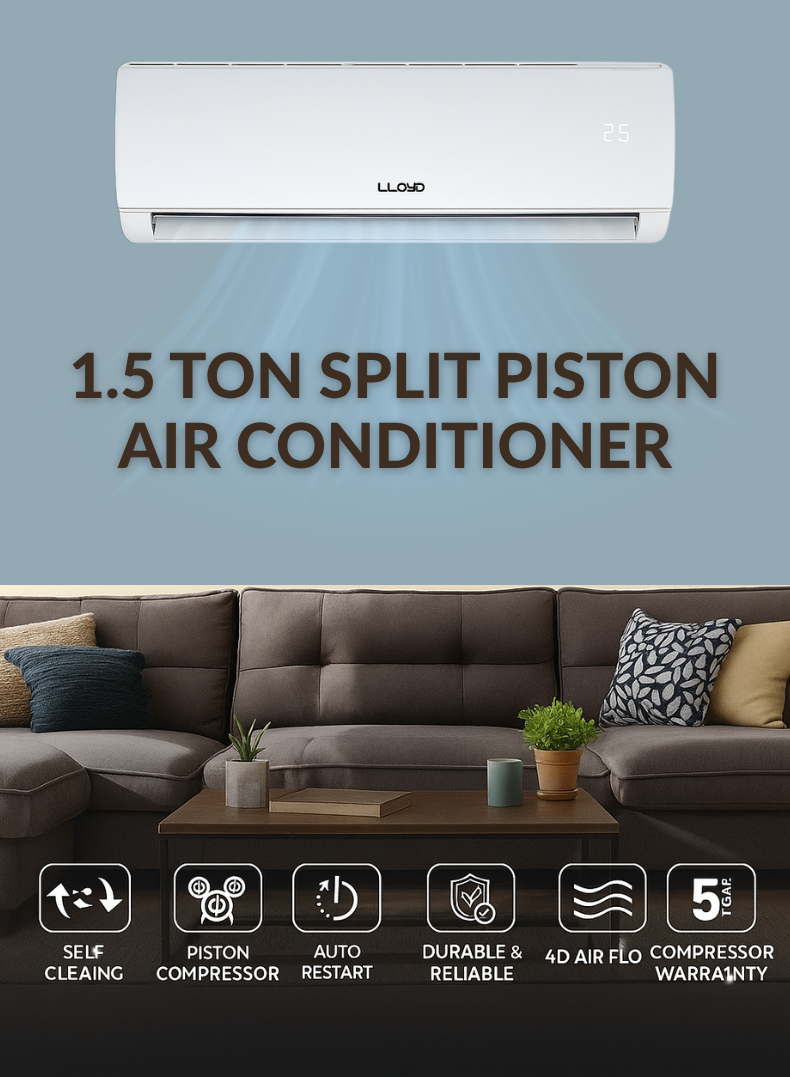 Lloyd 1.5 Ton Non-Inverter Split Air Conditioner, Model GOS18P01WACR10 – 18,000 BTU High-Performance Cooling, Durable Piston Compressor with 5-Year Warranty, T3 Eco-Friendly R-410A Refrigerant, Auto-Restart, Four-Way Air Swing, Sleek White Design