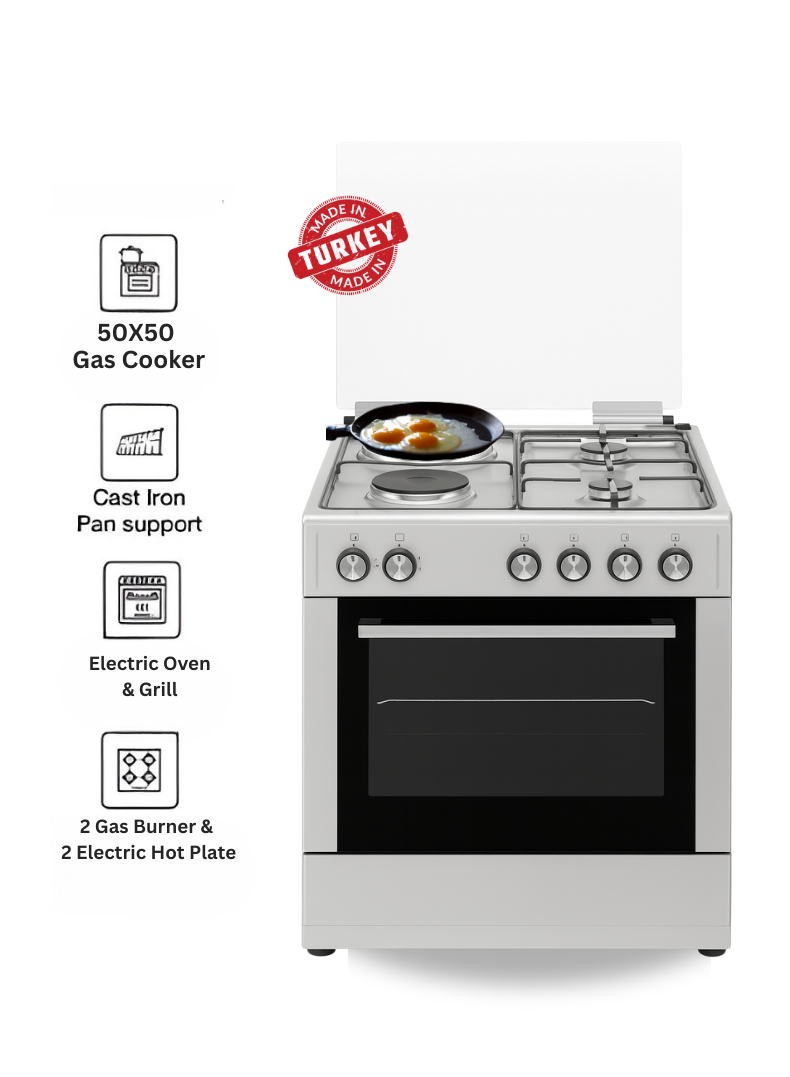 Venus 55x50 cm Stainless Steel Cooking Range | 4 Electric Hotplates | Electric Oven & Grill | Compact Space-Saving Design | Made in Turkey | Durable & Easy to Clean.